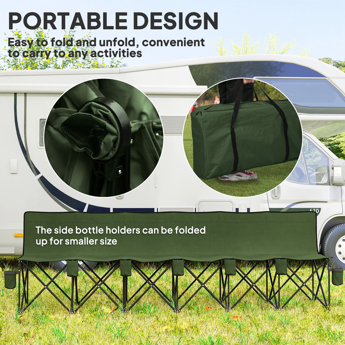 6 Seater Folding Camping Chair with Cup Holder & Carry Bag - Green