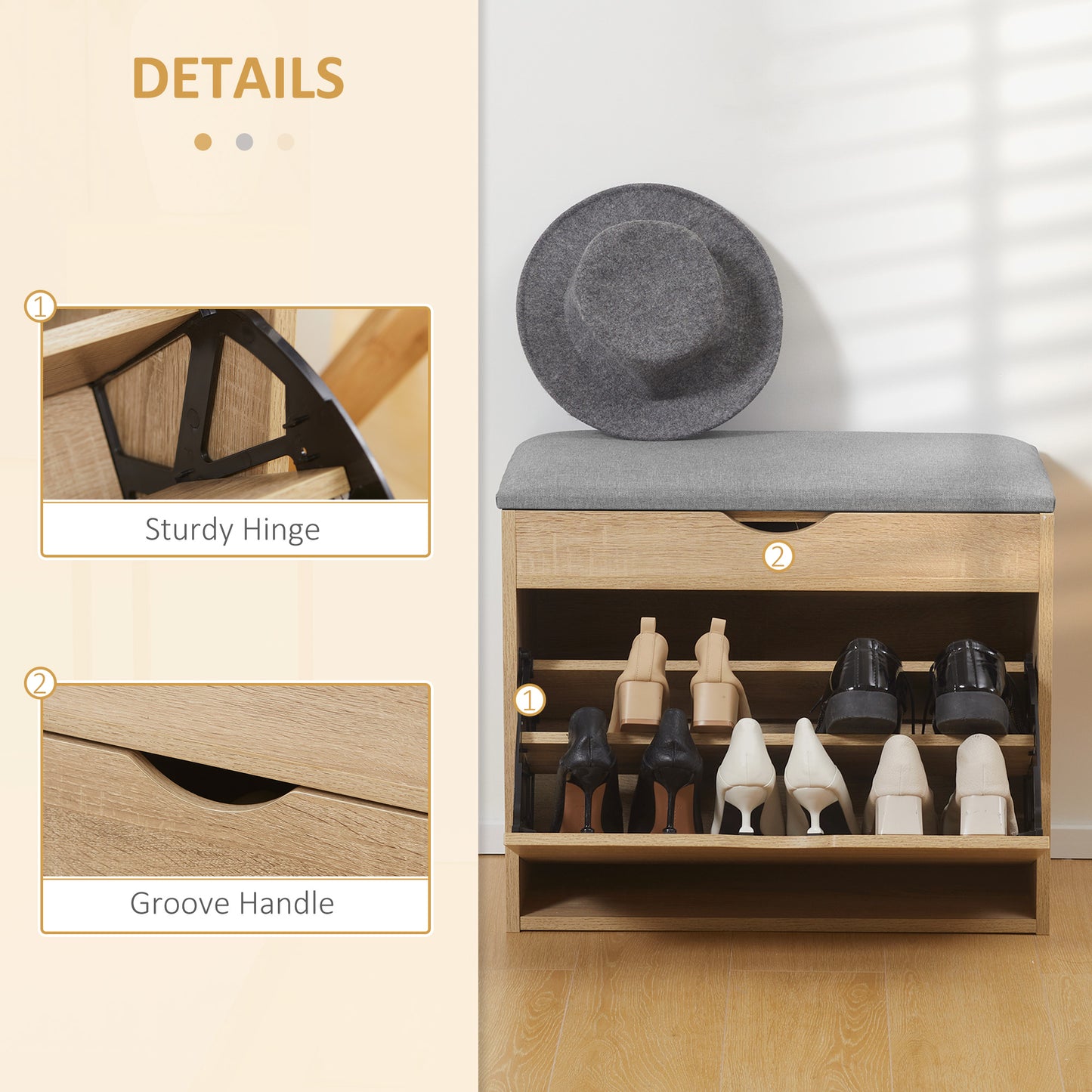 Shoe Bench with Cushion for 4 Pair of Shoes, Storage Bench with Padded Seat, Flip-up Cabinet and Hidden Space for Entryway