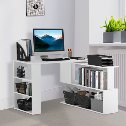 Corner Computer Desk, L Shaped Desk with 360° Rotating Bookshelf, 120L x 110W x 74.5H cm, White