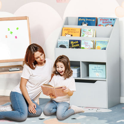 Kids Bookshelf, Toy Organiser, with Storage Drawer, Wheels - Grey