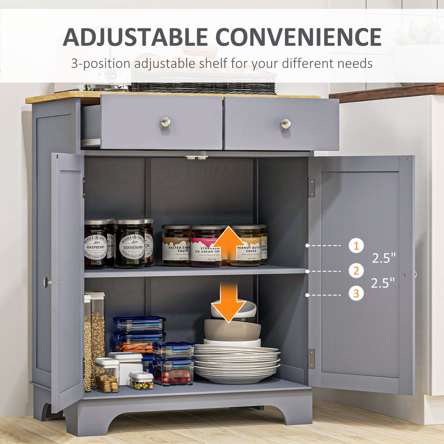 Side Storage Multi-use Sideboard Table Kitchen Floor Cabinet with Solid Wood Top, Adjustable Shelf, Drawer, Grey