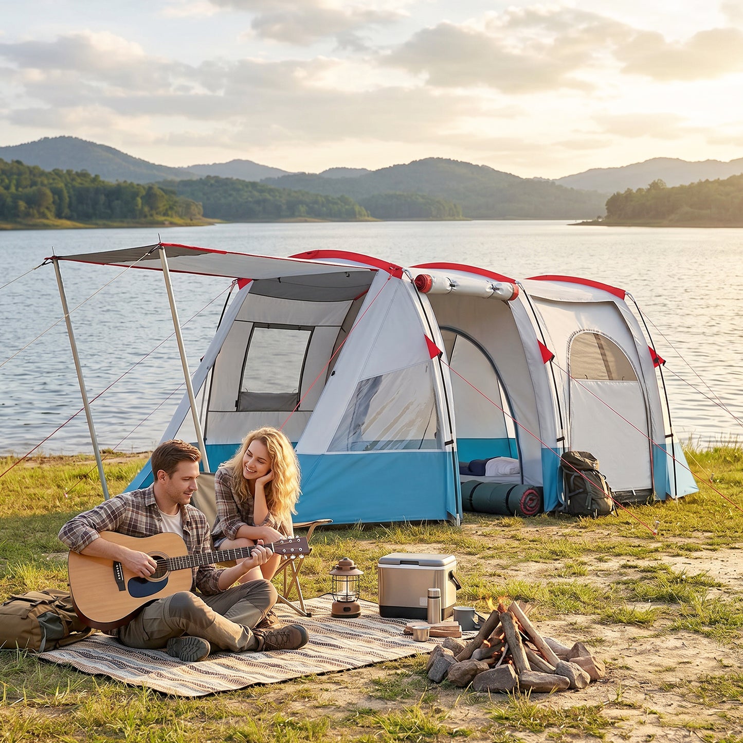 3 Person Tunnel Tent, Large Camping Tent with Bedroom, Living Room, Sewn-in Floor, 3 Doors, Carry Bag, 2000mm for Fishing