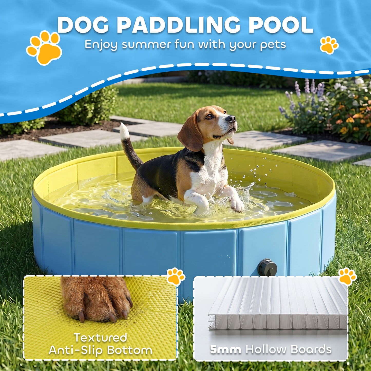 Foldable Dog Pool for Puppies and Ducks Dog Paddling Pool Bath Tub, Blue, 100 x 30 cm