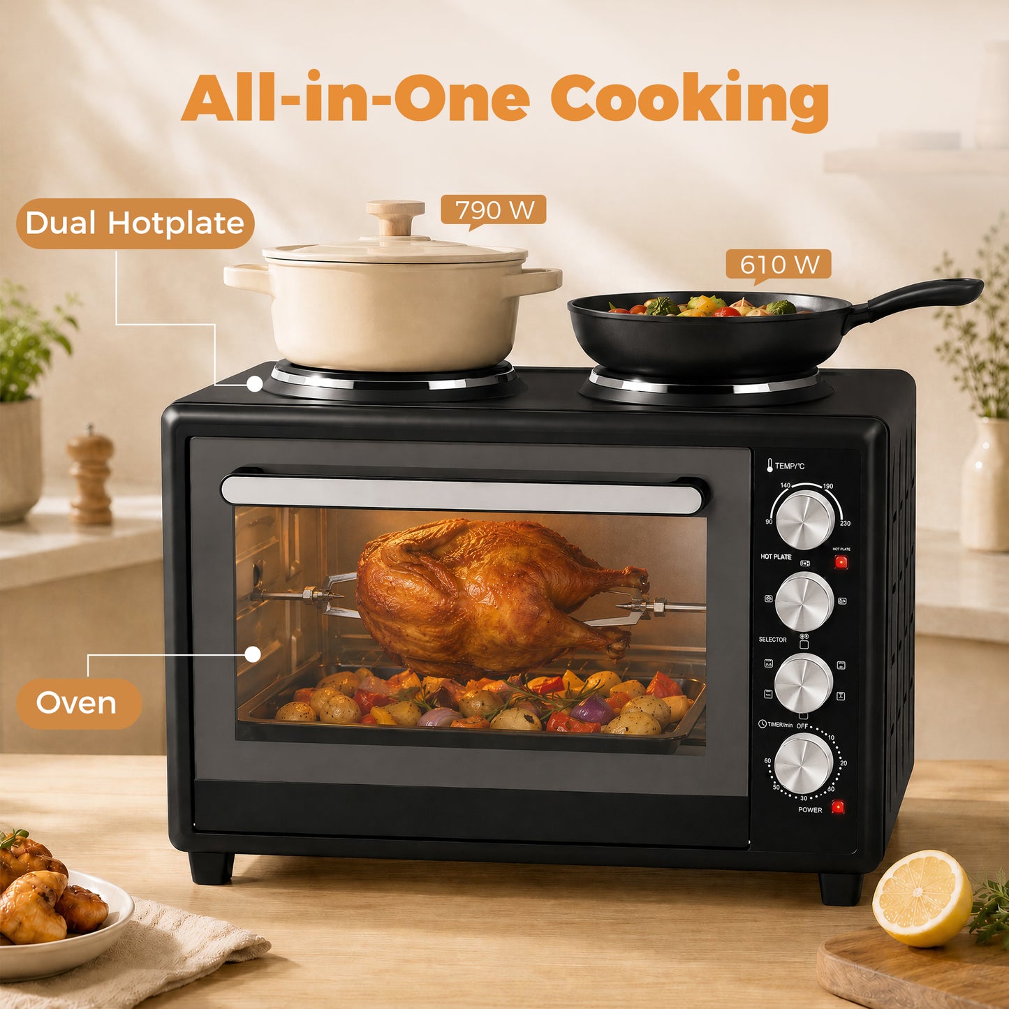 46L Mini Oven with Dual Hot Plates, Electric Countertop Cooker with Convection, 90–230°C Adjustable Temperature