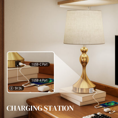 Set of Two Three-Colour Lamps, with USB Ports - Gold Tone