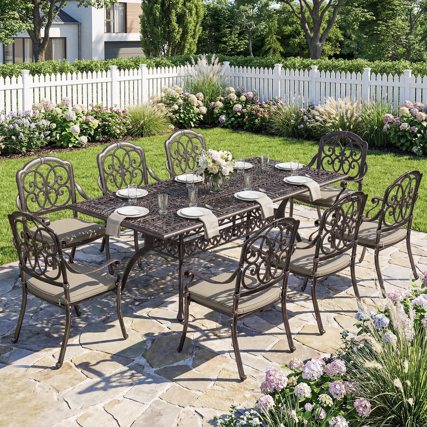9 Piece Cast Aluminium Garden Dining Set, Garden Table and Chairs Set with Cushions, Parasol Hole for Patio, Bronze Tone