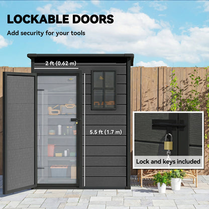 5' x 3' Garden Shed with Floor, Outdoor Storage Shed with Lockable Door, Window and Vent, Dark Grey