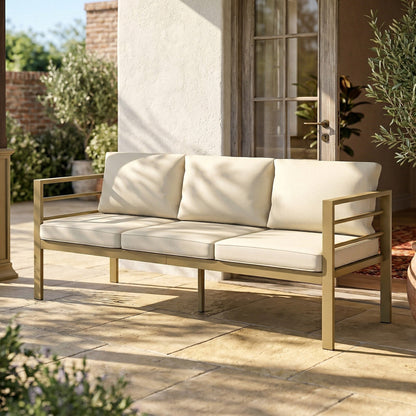 Garden Bench with Cushions, 3-Seater Sofa with Backrest, Armrest and Back Cushions, 185 x 66 x 64cm, Cream White