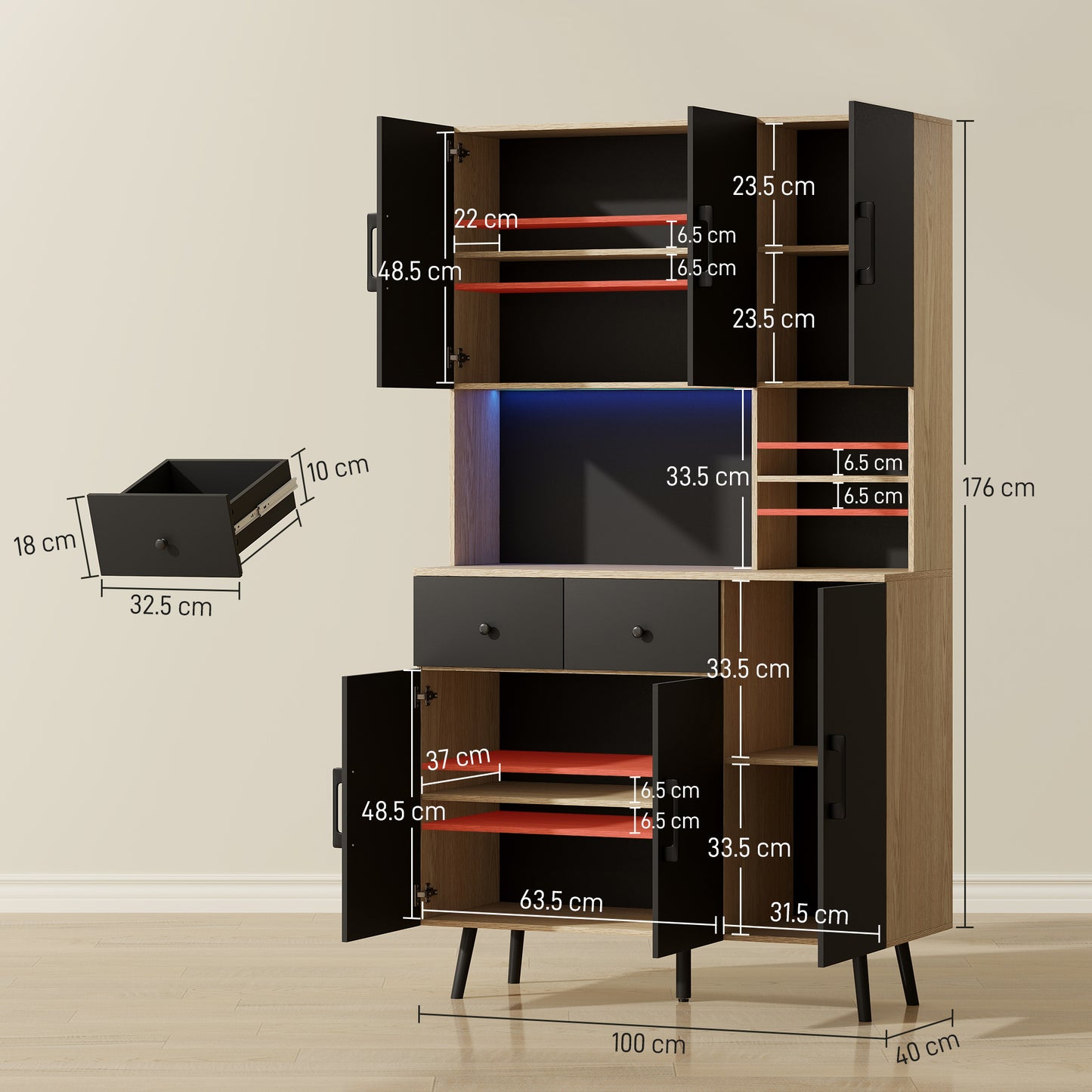 176 cm Kitchen Cupboard with LED Lights - Oak and Black