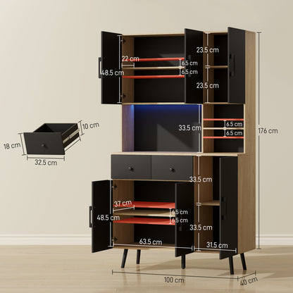 176 cm Kitchen Cupboard with LED Lights - Oak and Black