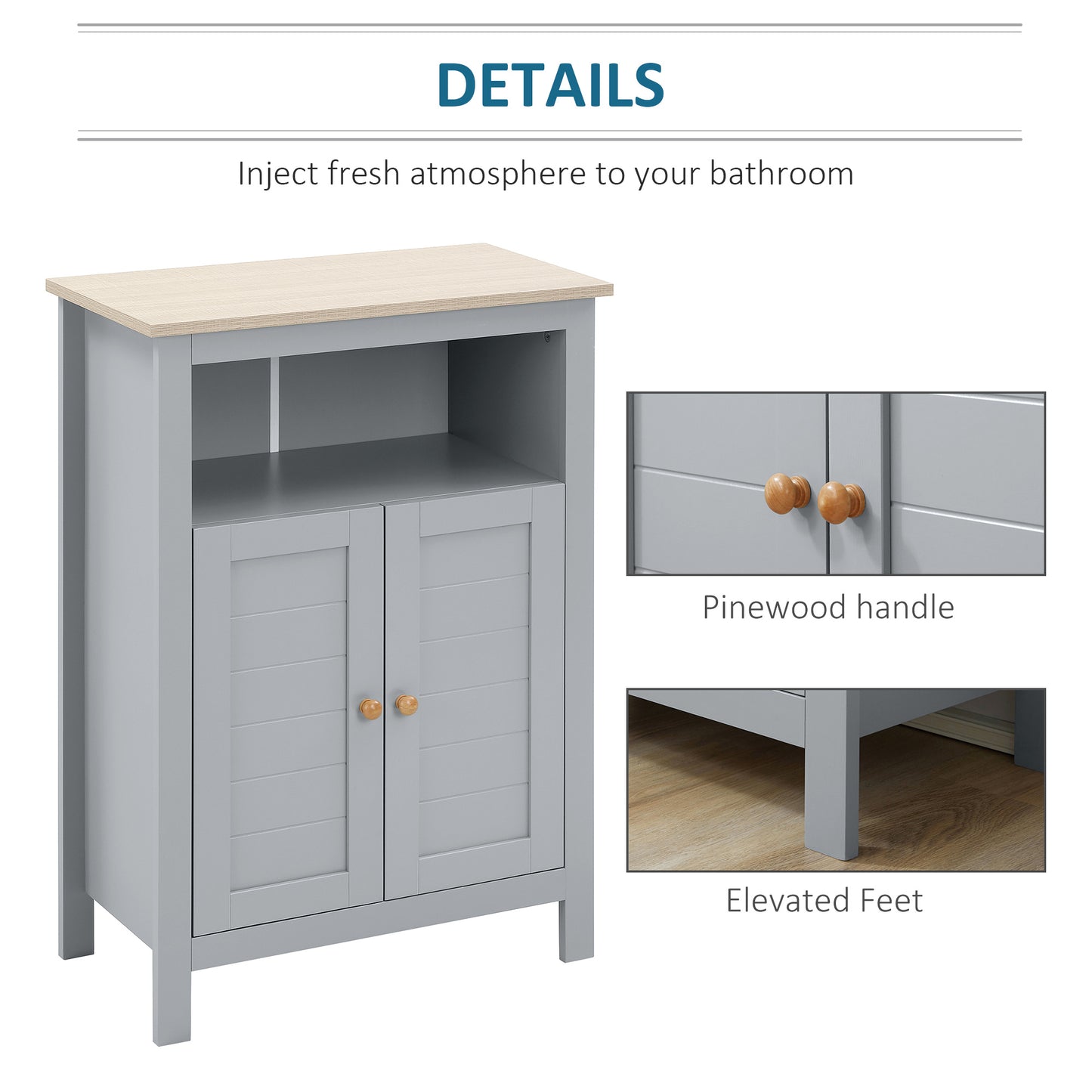 Bathroom Floor Cabinet, Free Standing Cupboard with Double Doors and Adjustable Shelf for Kitchen, Hallway, Living Room, Grey