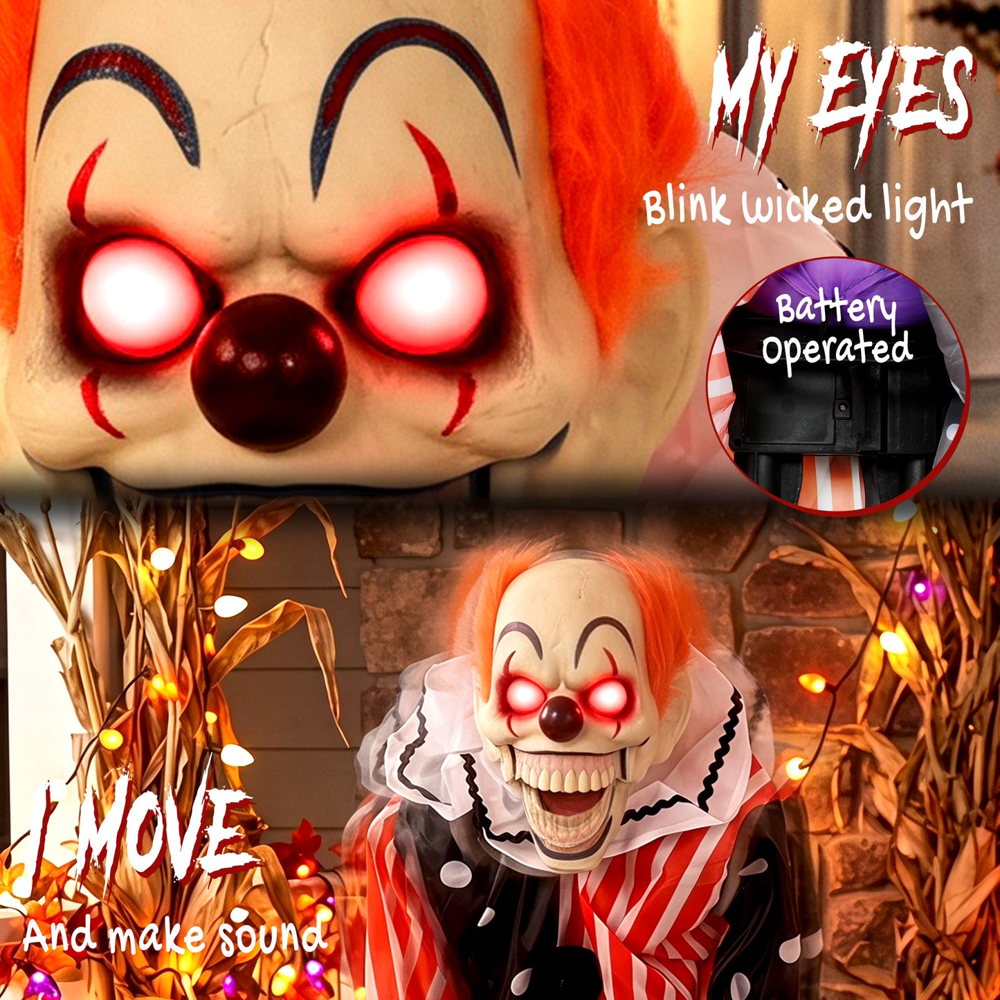 Animated Clown Halloween Decoration, Scary Halloween Animatronics Decor with Sound Touch Activated