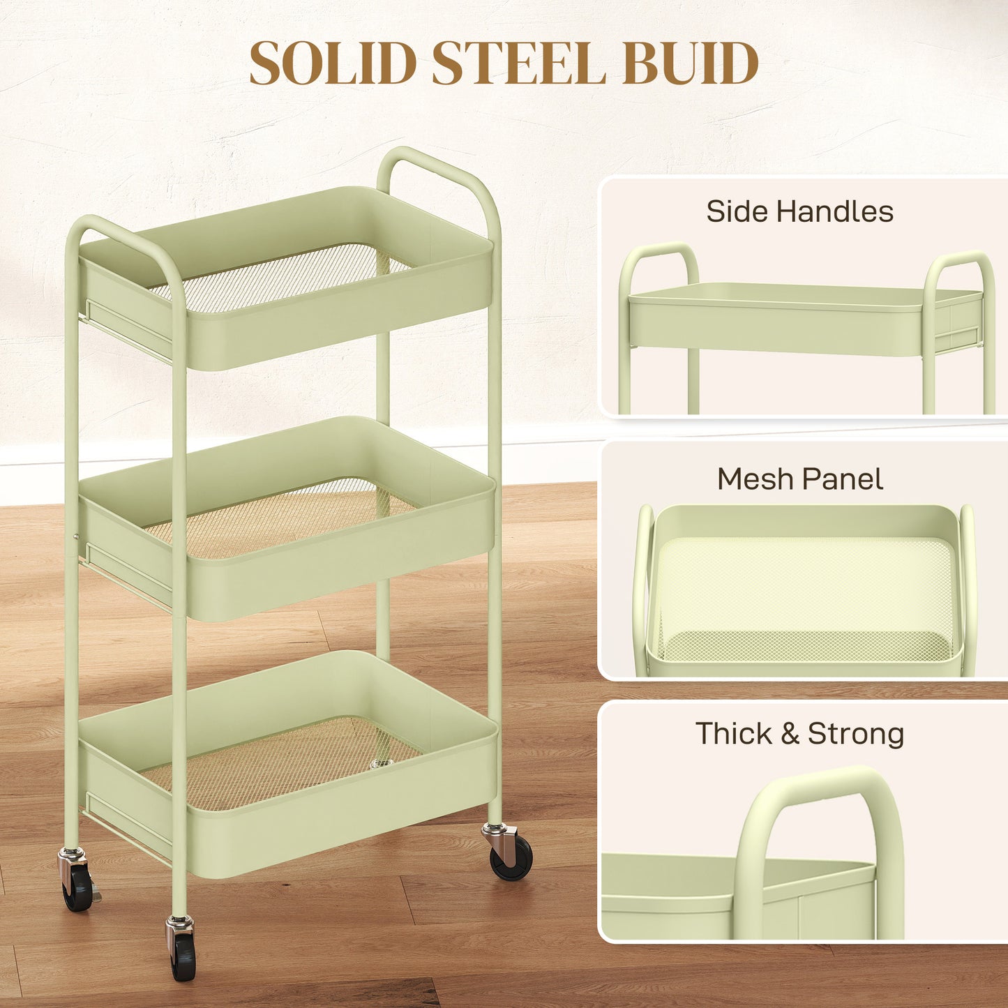 Three-Tier Steel Storage Trolley - Green