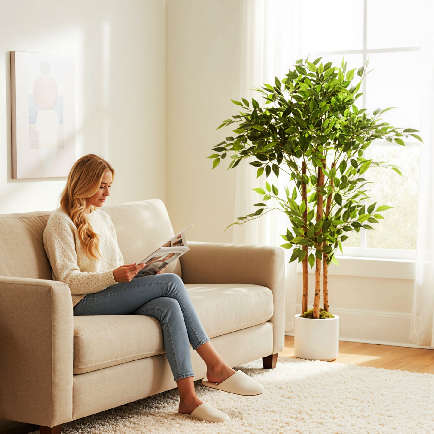 120cm Artificial Ficus Tree, Fake Potted Tree with Solid Wood Trunk and Pot for Indoor, Green