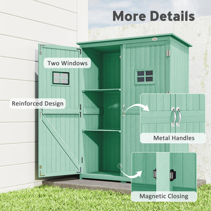 Wooden Garden Shed with Two Windows, Tool Storage Cabinet, Outdoor Double Door organiser 127.5L x 50W x 164H cm, Green