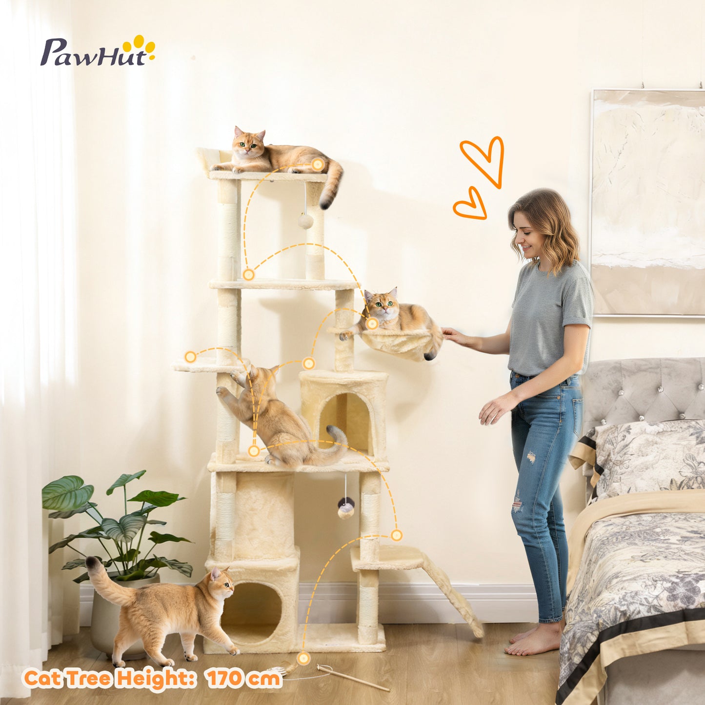 170 cm Large Cat Tree, Cat Tower with 7 Scratching Posts, Tunnel, 2 Condos, Hammock, Perch, Ramp, Pompoms, Beige