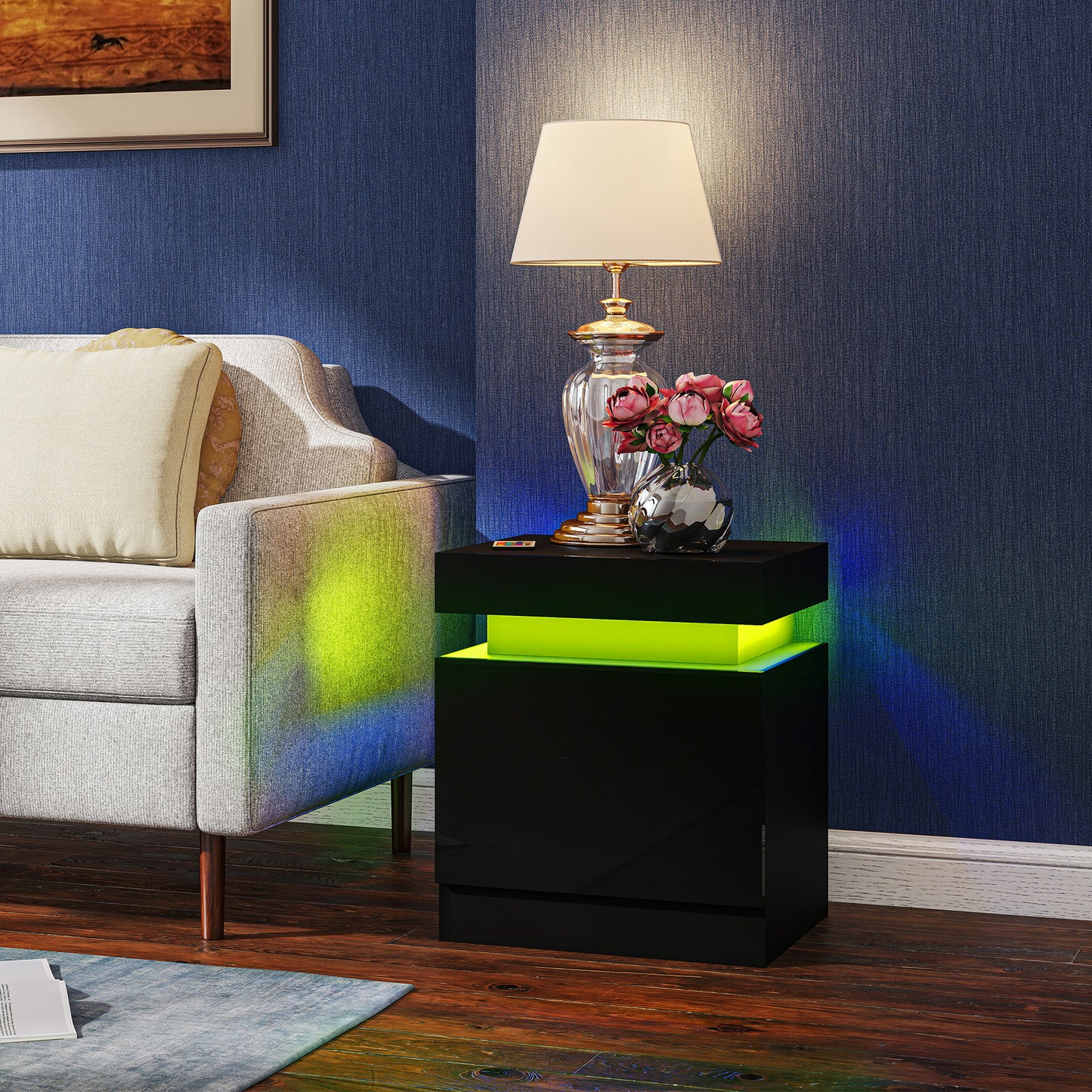 Black Bedside Table with LED Light, High Gloss Front Nightstand with 2 Drawers, for Living Room, Bedroom, Set of 2