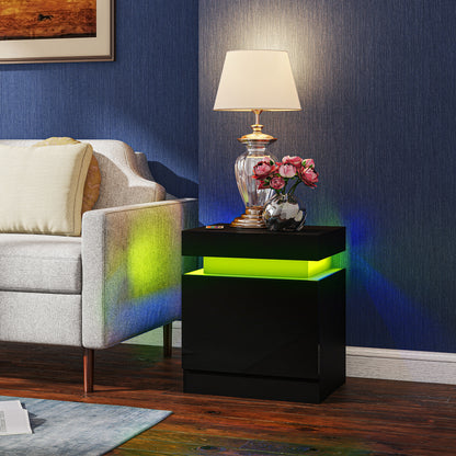 Black Bedside Table with LED Light, High Gloss Front Nightstand with 2 Drawers, for Living Room, Bedroom, Set of 2
