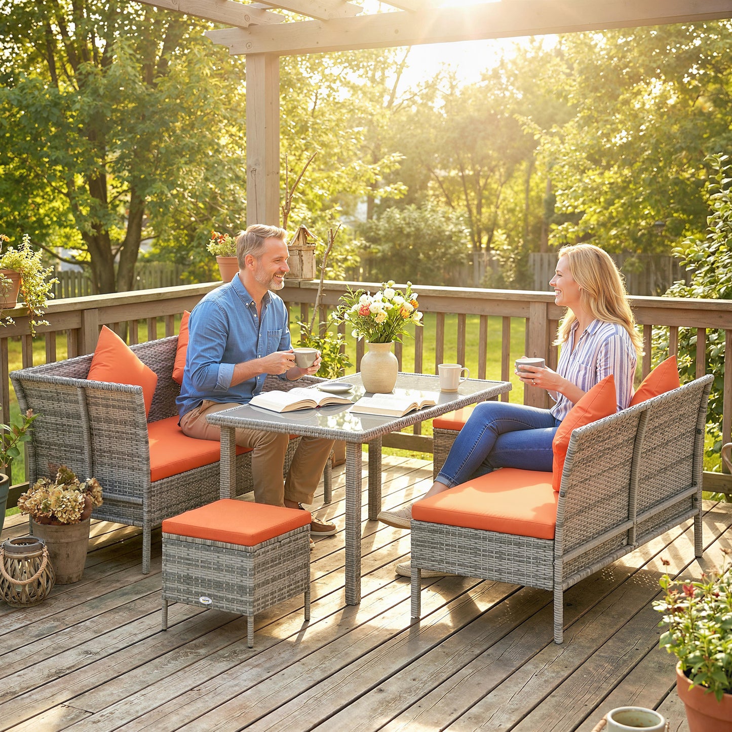 6-Seater Rattan Dining Set Sofa Table Footstool Outdoor w/ Cushion Garden Furniture, Orange