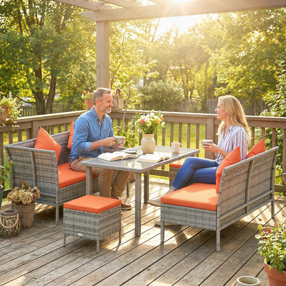 6-Seater Rattan Dining Set Sofa Table Footstool Outdoor w/ Cushion Garden Furniture, Orange