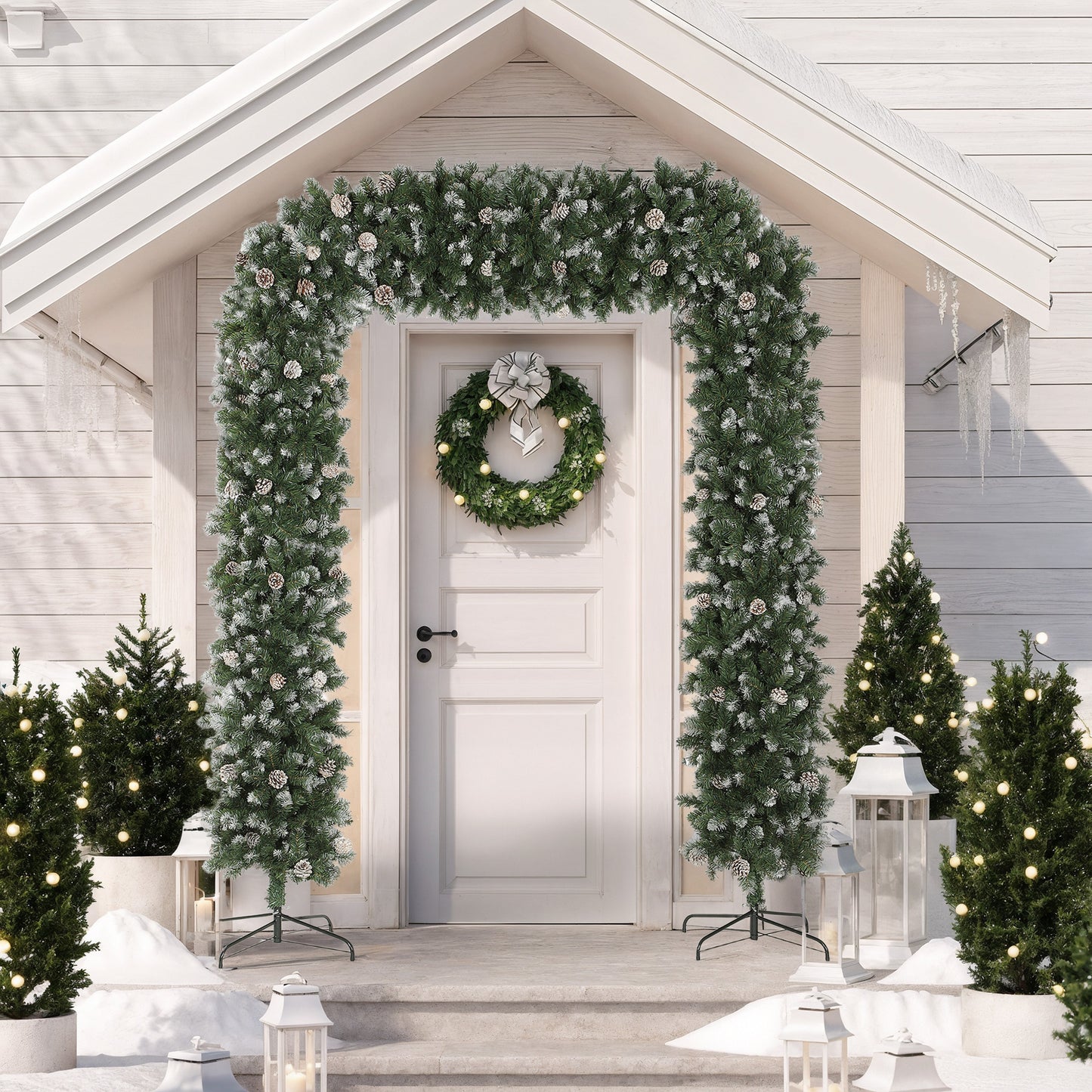 8.2 ft Snow Frosted Christmas Tree Arch, Christmas Arch Doorway Decor with 1800 Tips and 91 Pinecones