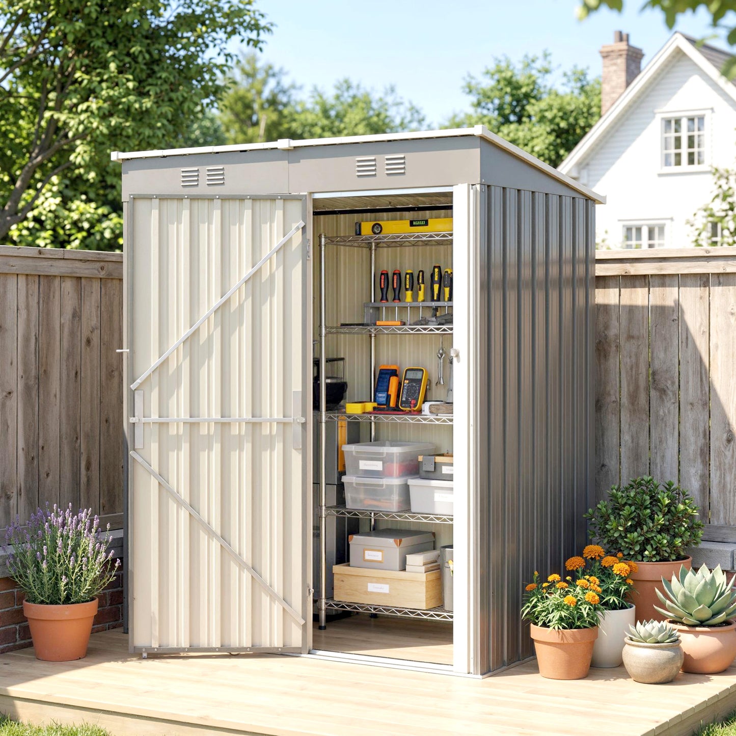 5 x 3 ft Lean-to Garden Shed, Outdoor Storage Shed with Lockable Door and Vents, Light Grey