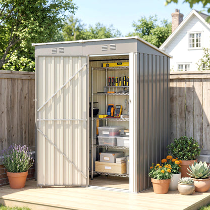 5 x 3 ft Lean-to Garden Shed, Outdoor Storage Shed with Lockable Door and Vents, Light Grey