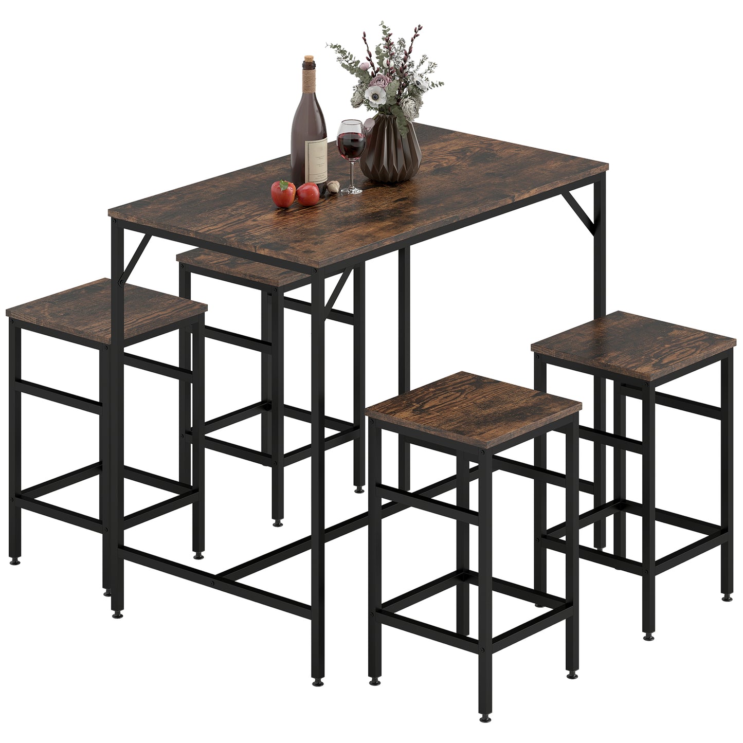 5-Piece Breakfast Bar Table and Stools Set, Kitchen Bar Table Set with High Table and 4 Stools