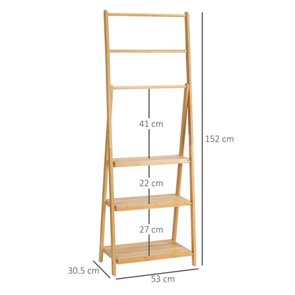 Freestanding Natural Bamboo Towel Rack with 3 Towel Rails and 3 Storage Shelves