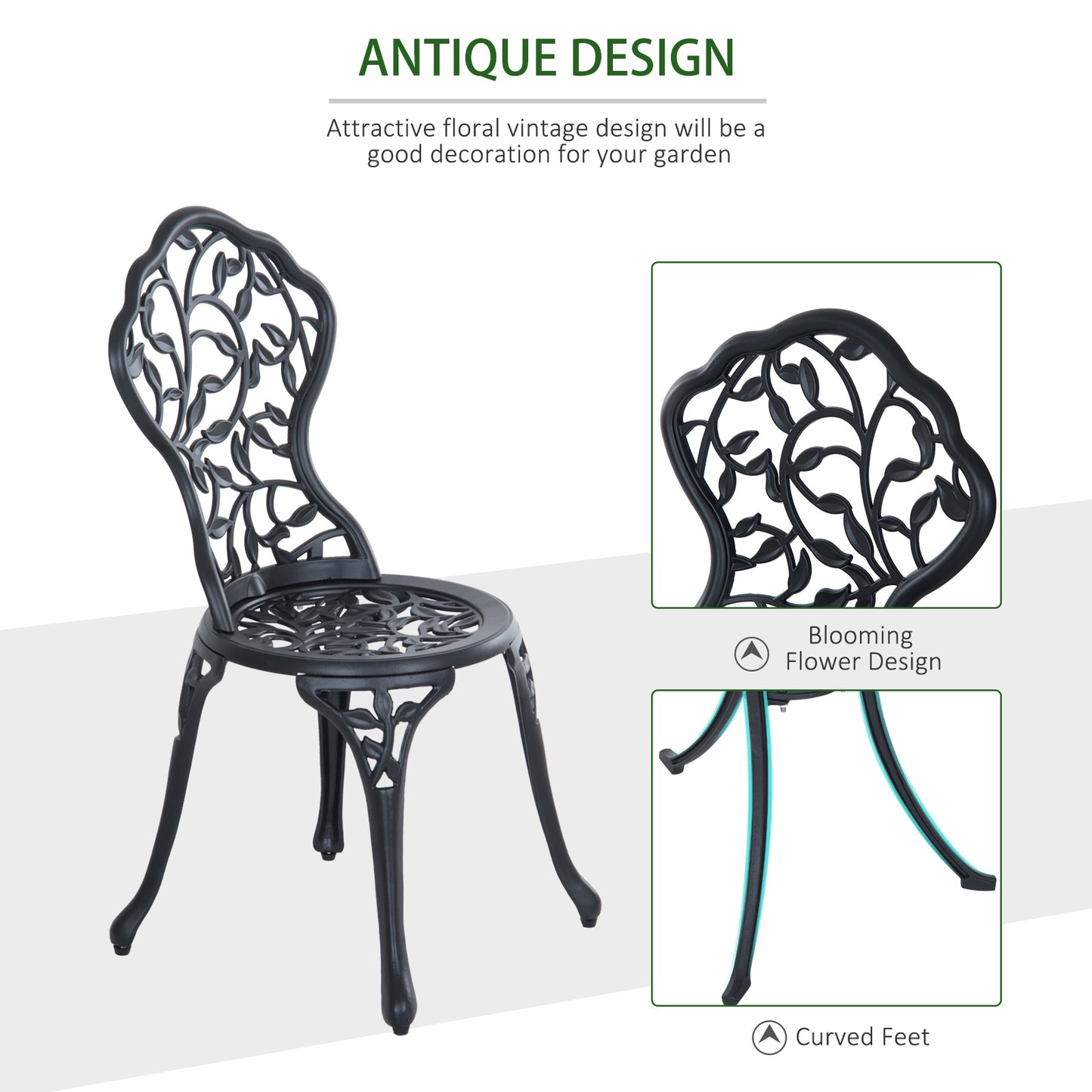 3 Pcs Aluminium Bistro Set Garden Furniture Dining Table Chairs Antique Outdoor Seat Patio Seater Black
