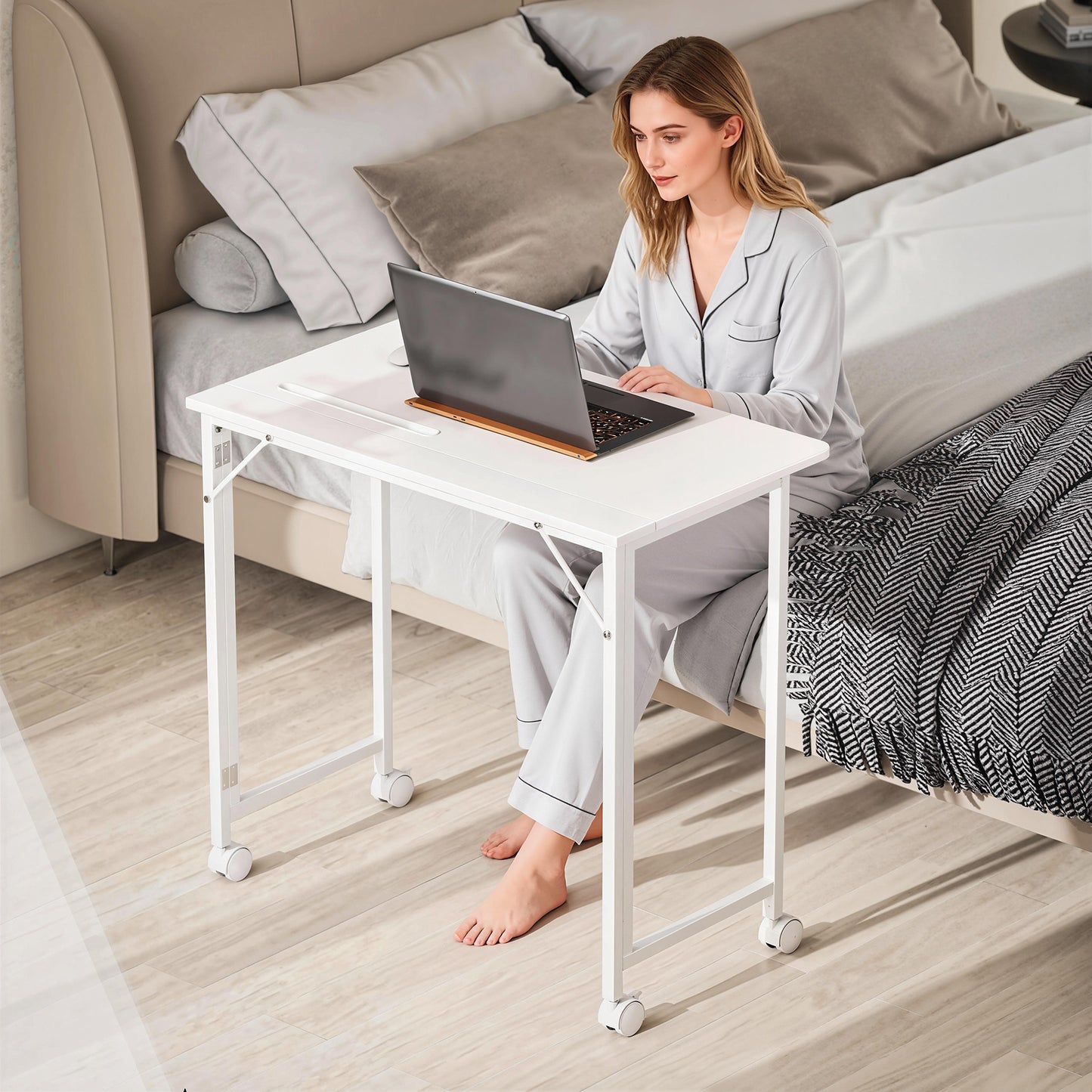 Small Folding Desk, with Wheels - White Wood-Effect