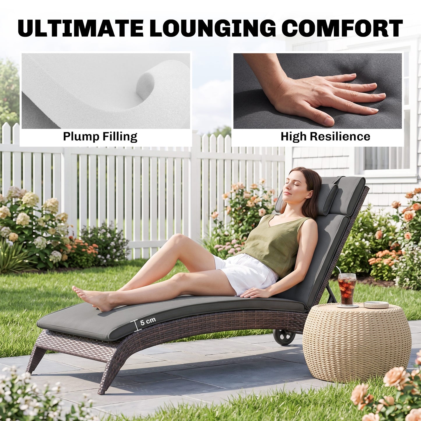 Garden Sun Lounger Cushion Replacement Soft Sunbed Reclining Chair Relaxer Pad with Pillow, Cushion ONLY - Grey