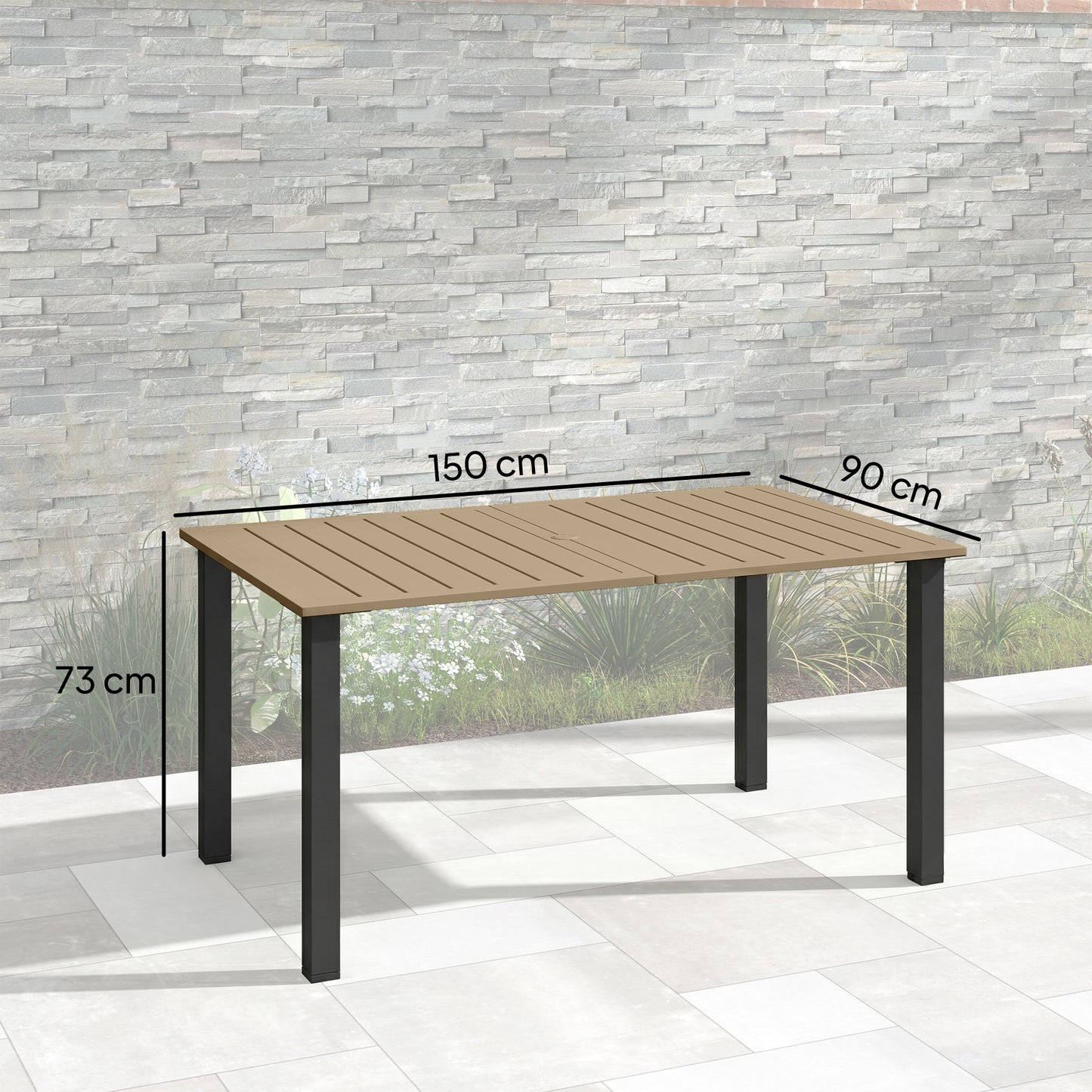 Garden Dining Table for 6 with Parasol Hole, Rectangle Outdoor Garden Table with Slatted Metal Top, Steel Frame, Brown