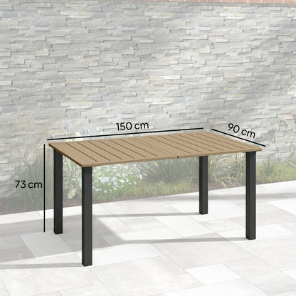 Garden Dining Table for 6 with Parasol Hole, Rectangle Outdoor Garden Table with Slatted Metal Top, Steel Frame, Brown