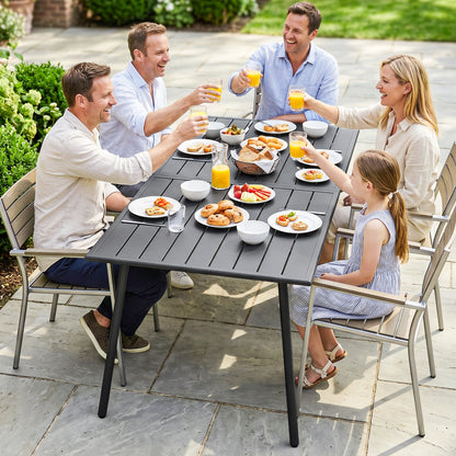 Rectangle Garden Table with Slat Top, Steel Frame, Outdoor Table for 6 Person, 150 x 80 x 74 cm, Grey
