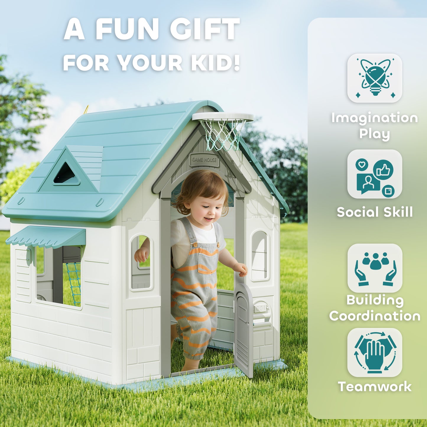 5-in-1 Playhouse for Kids Outdoor Indoor with Basketball Hoop, Football Goal, Dartboard, Ring Toss for 2-5 Years, Beige