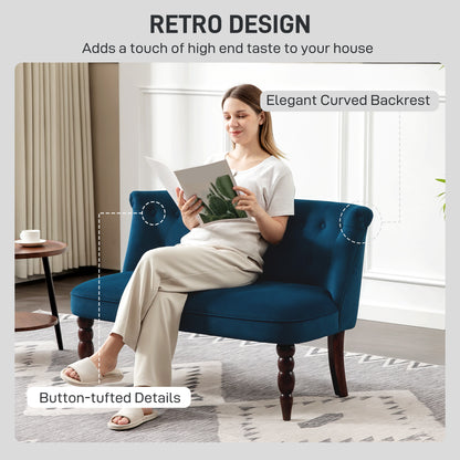 Velvet 2 Seater Sofa, Button Tufted Wingback Loveseat with Rubber Wood Legs for Living Room, Bedroom, Dark Blue