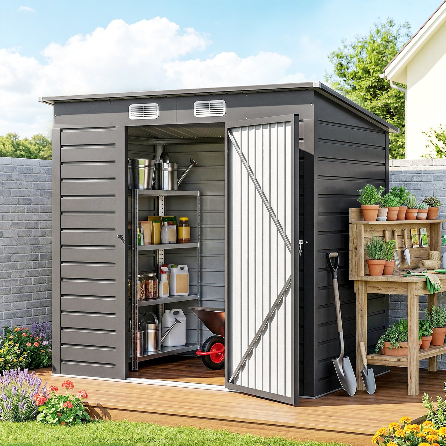 4 x 6ft Galvanised Metal Garden Shed, with Locking Door - Grey