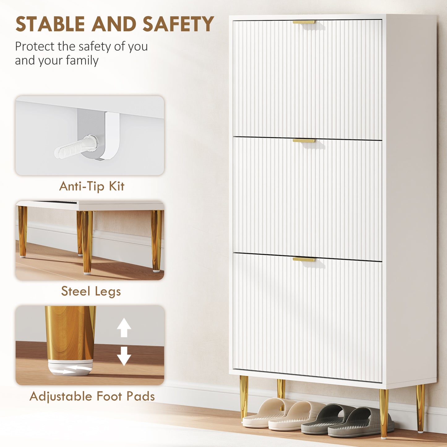 Elegant Three-Drawer Shoe Cabinet - White