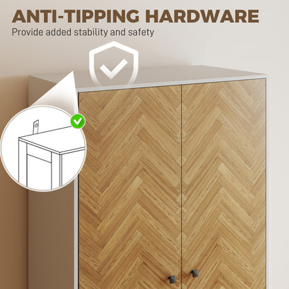 Cabinet Wood-Effect Sticker Surface, Modern Wardrobe with 2 Hanging Rods, 2 Storage Shelves and 2 Drawers, White