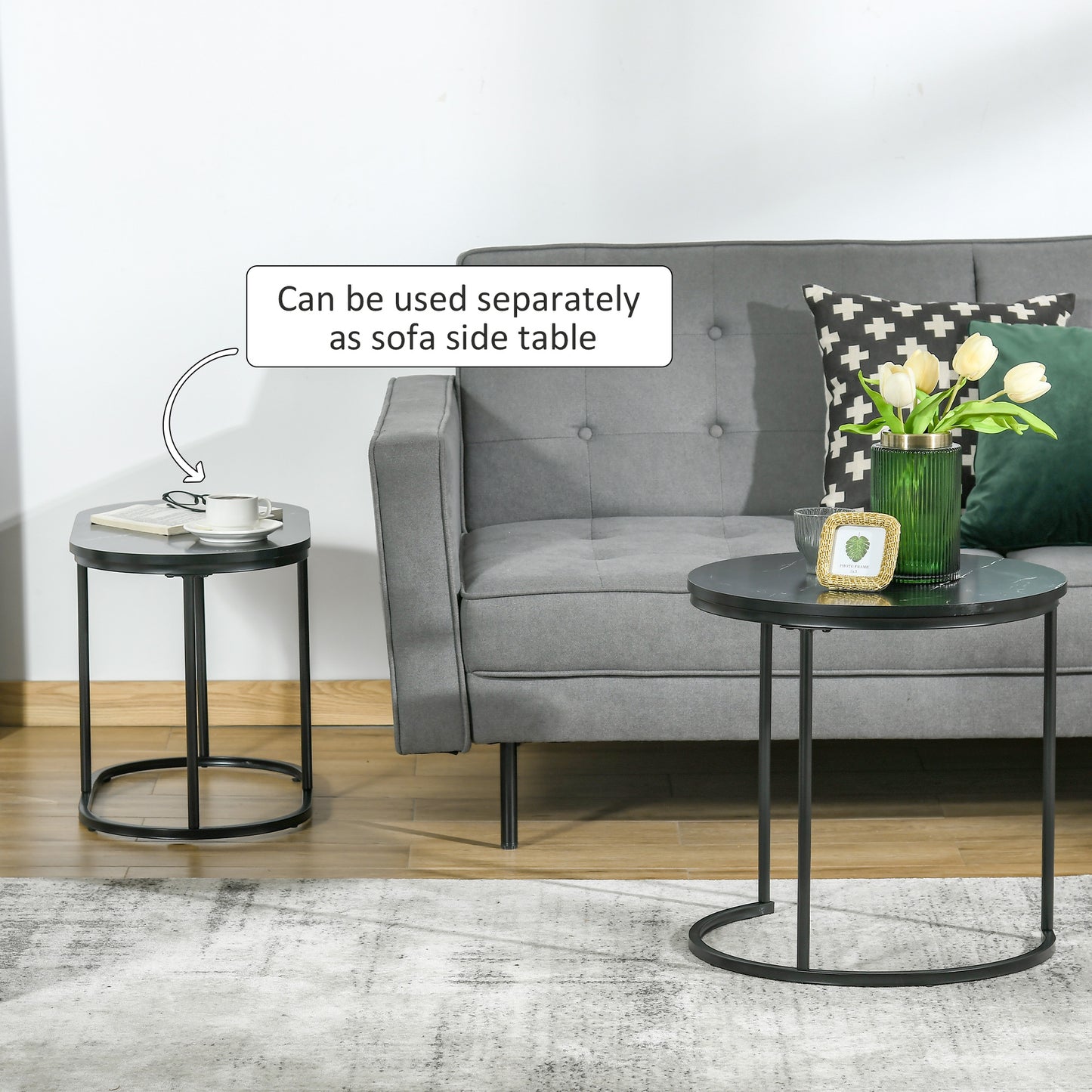 Nest of Tables with Steel Frame and Faux Marble Tabletop, Modern Coffee Table Set of 2, Black/White