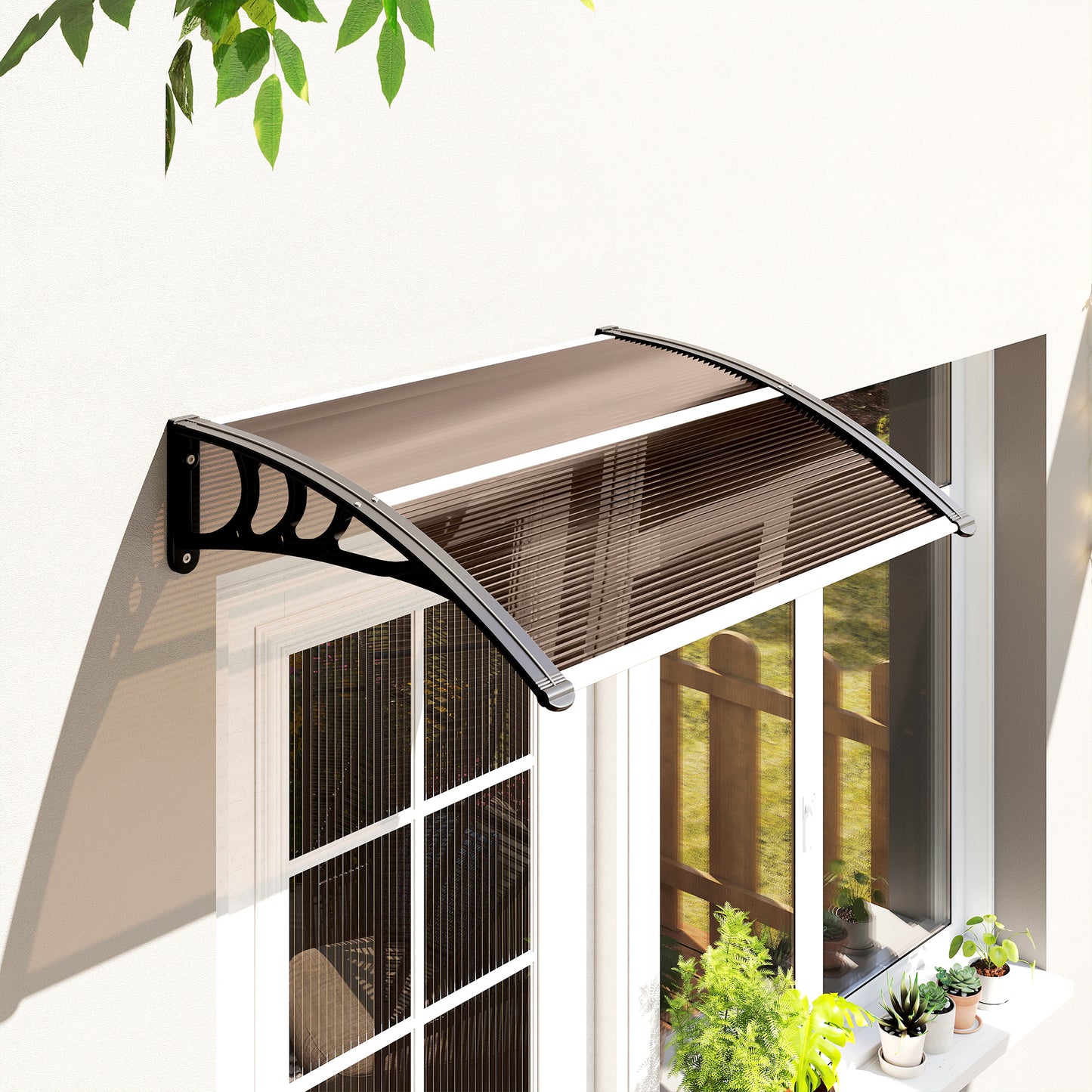 Front Door Canopy Outdoor Awning Aluminium Rigid Plastic Polycarbonate Rain Shelter UV Water Rain Resistant 120 x 75cm Brown