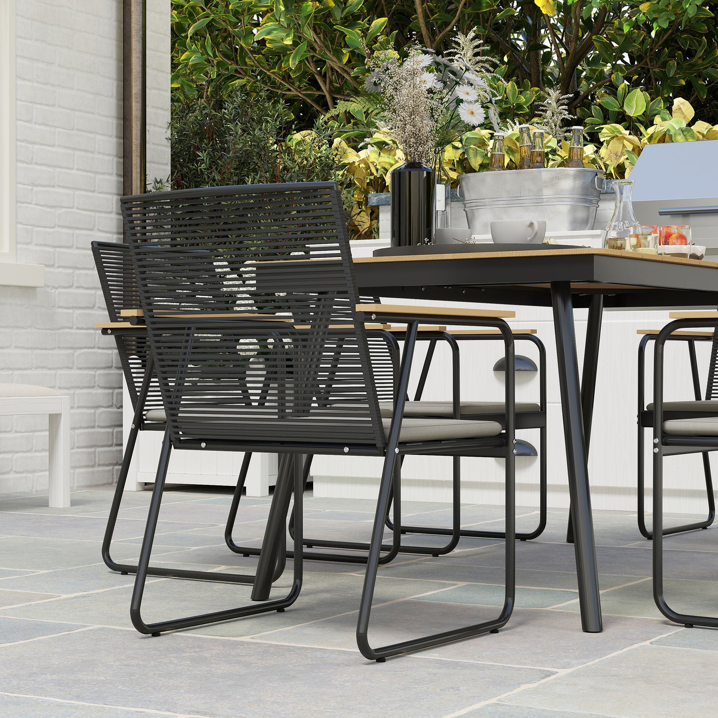 6‑Seater Garden Dining Set with Cushions, Rattan Backrest, Plastic Top, Garden Furniture Set, Natural Wood Finish