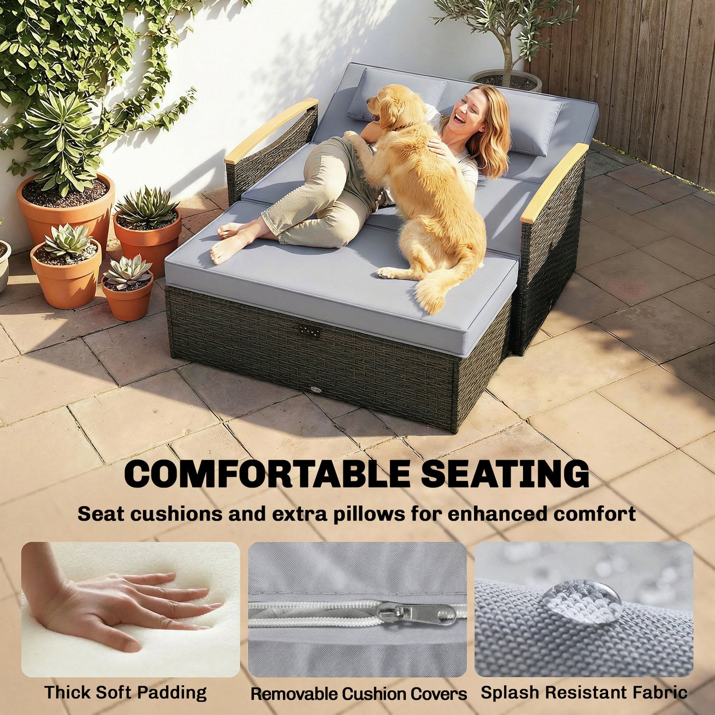 Double Garden Rattan Daybed, Wicker Sun Bed Chaise Lounger with Storage Ottoman, 4-Level Adjustable Backrest, Dark Grey