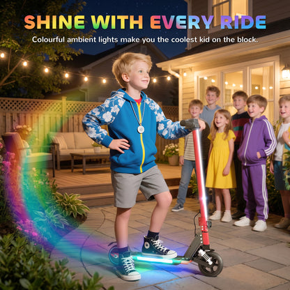 Folding Electric Scooter for Kids, with Dual Brakes, Front Suspension, LED Colourful Lights, Red