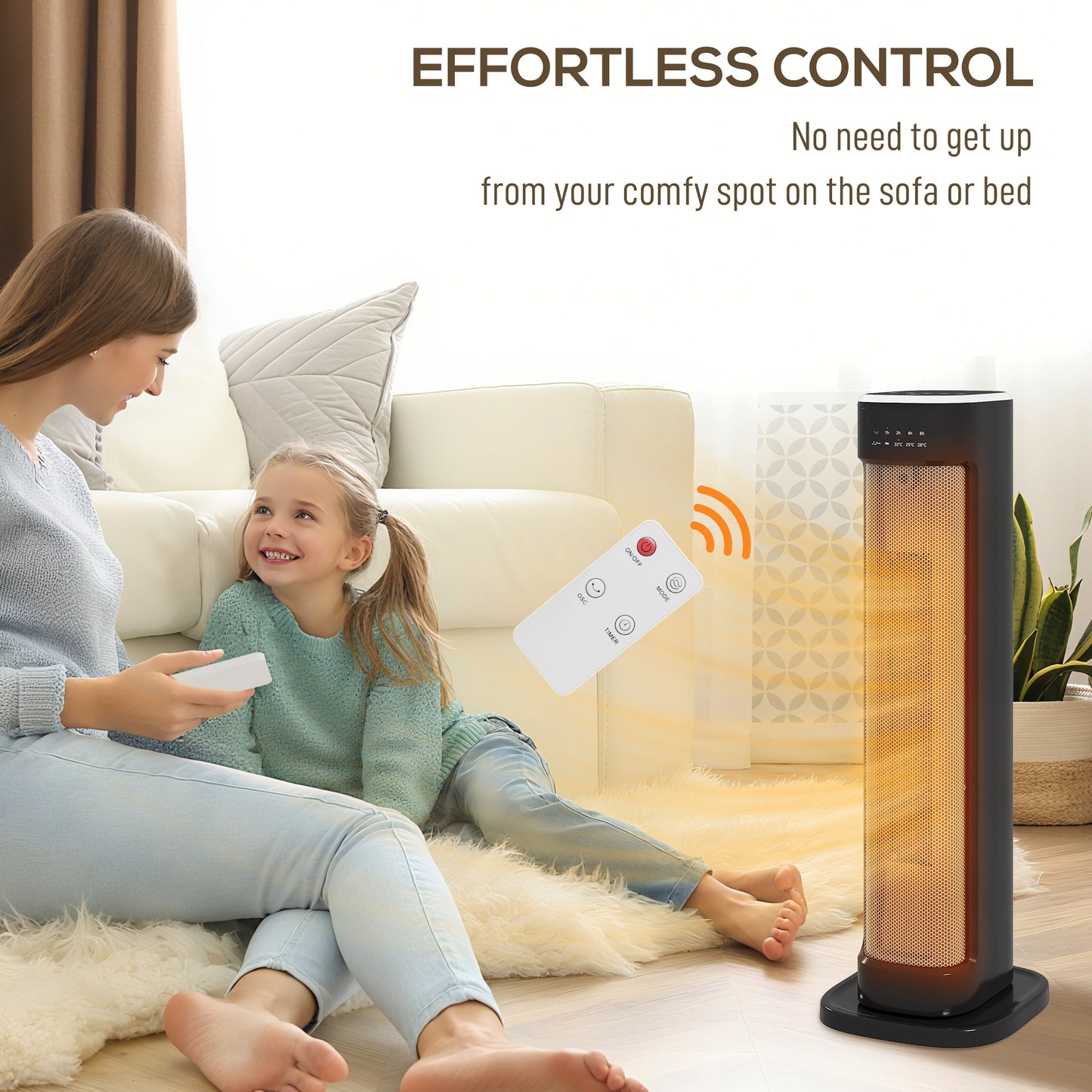 2000W Ceramic Electric Heater with 3 Heat Settings, Timer - Black