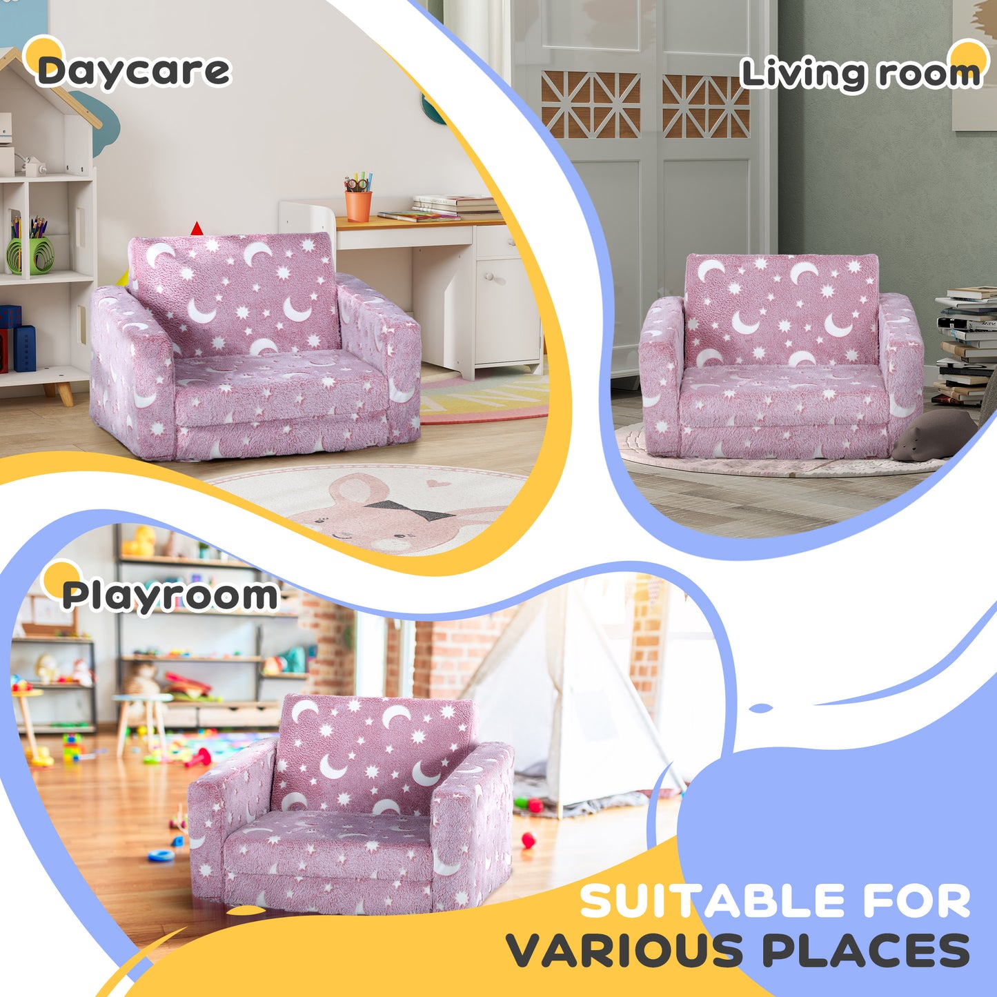 2 in 1 Kids Folding Bed Armchair with Glow in The Dark Cosmic Design, Washable Cushion and Cover, Pink
