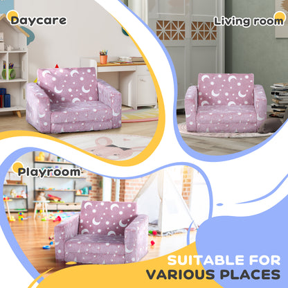 2 in 1 Kids Folding Bed Armchair with Glow in The Dark Cosmic Design, Washable Cushion and Cover, Pink