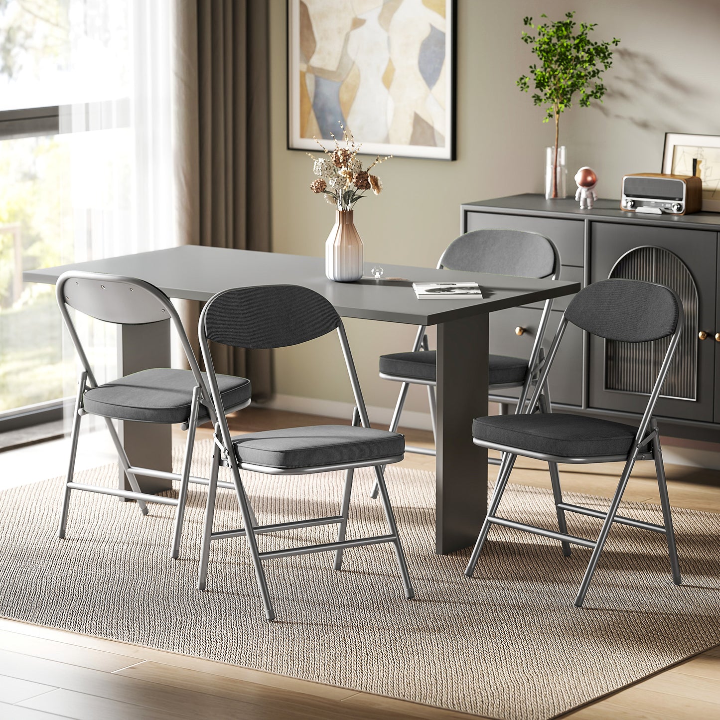 Set of Four Folding Corduroy Seat Chairs - Dark Grey