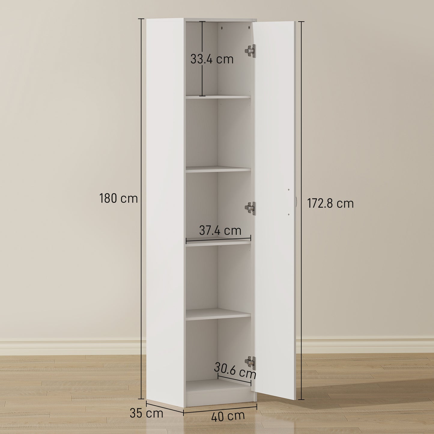 180cm Tall Kitchen Cupboard, Freestanding 5-Tier Pantry Storage Cabinet with Adjustable Shelf, White